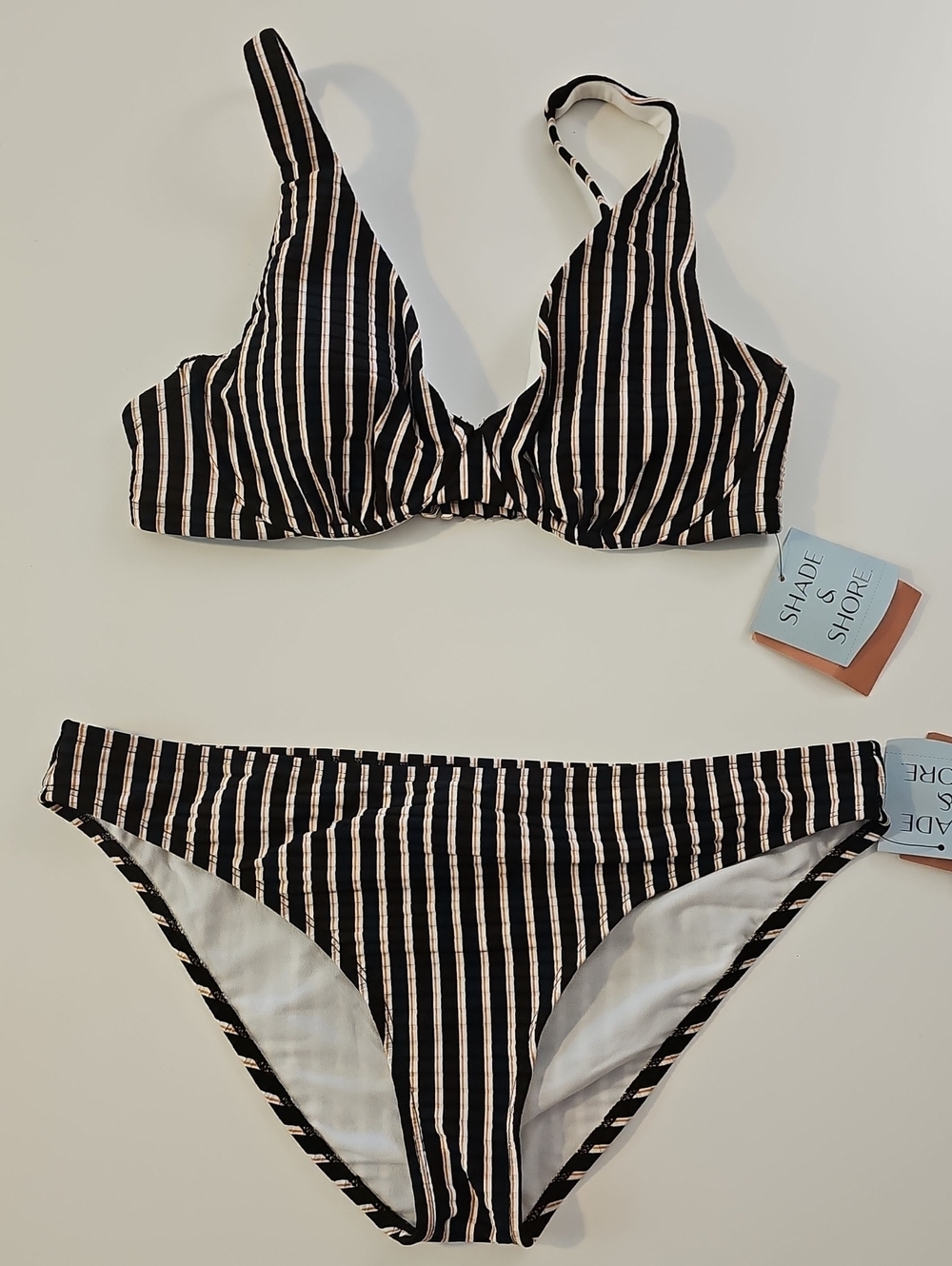 Shade & Shore Women's 34D/L Ribbed Black and Ivory Vertical Stripe Bikini Set